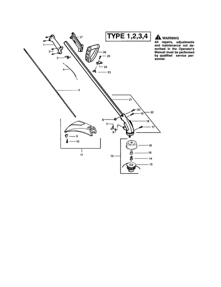 Driveshaft/Handle/Shield Diagram and Parts List for FEATHERLITE SST 25HO Type 4 Weed Eater Trimmer